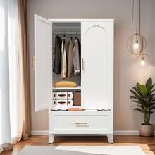 71" Tall Metal Wardrobe Cabinet With 2 Drawers And Hanging Rod, 2 Doors Wardrobe Closet With Shelf For Bedroom, Office, Laundry Room,Entryway ,Foyer,Guesthouse (White) - 60吋高 1個抽屜 + 白色 + 鋼 - 查看 4