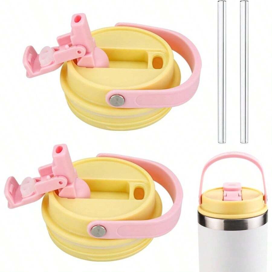 Lid Compatible With IceFlow Stainless Steel Tumbler 20oz, 30oz, Leak - Proof Splash Resistant Tumbler Top Reusable Tumbler Cover With 2 Straws2, Yellow - 黃色 + 1 - 查看 1
