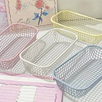 Cesta de almacenamiento mini de estilo Ins, caja de almacenamiento rectangular, organizador de escritorio, cesta de alambre hueco de colores tipo macarrón, papelería de dormitorio, cosméticos, caja de almacenamiento de bocadillos, cesta de almacenamiento multifuncional para cocina y baño