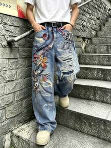 Quần jeans ống rộng dáng suông in kỹ thuật số toàn bộ ONE . DINY dành cho nam, phong cách đường phố, avant-garde, thường ngày. - Màu xanh lam - Xem 1