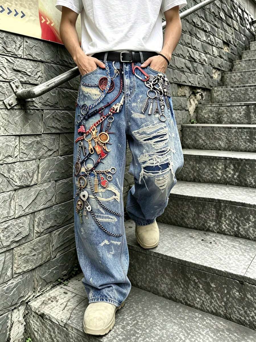 Quần jeans ống rộng dáng suông in kỹ thuật số toàn bộ ONE . DINY dành cho nam, phong cách đường phố, avant-garde, thường ngày. - Màu xanh lam - Xem 1