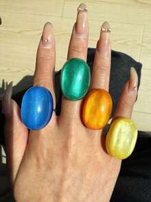 4pcs Colorful Glitter Resin Oval Rings Set, Exaggerated Dopamine Design Jewelry For Women, Suitable For Daily Wear, Festivals And Party Gifts - Multicolor - View 2