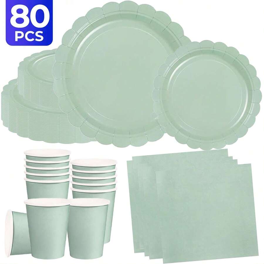 Bộ 80 món, tông màu xanh lá cây nhạt, bao gồm đĩa giấy 7 inch, khay giấy 9 inch, cốc 9 ounce và khăn ăn. Thích hợp cho đám cưới, tiệc tùng, trang trí tiệc, các buổi họp mặt hàng ngày, tiệc sinh nhật, tiệc cưới, câu lạc bộ, tiệc trà, tiệc theo chủ đề. - Xem 1