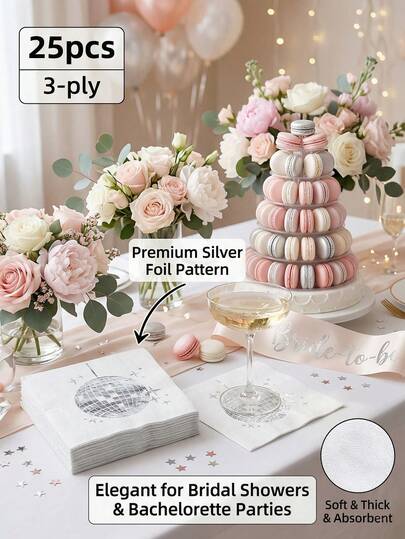 25pcs Silver Foil Disco Ball Paper Napkins 3-Ply Disposable Cocktail Beverage Napkins For 70s 80s 90s Retro Theme Party Bachelorette Bridal Baby Shower Wedding Birthday Anniversary Celebrations Fun Tableware Supplies 5x5 Inches