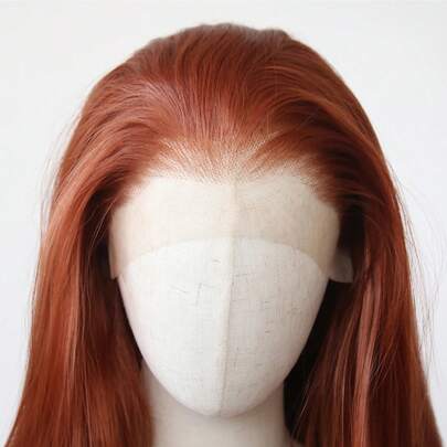 ZigZag Hair Peluca de encaje frontal color castaño rojizo - Línea del cabello previamente recortada, cabello sintético liso y largo de 13x3.5 pulgadas, resistente al calor y sin pegamento