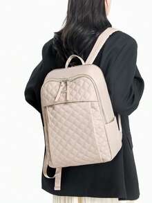 Women's Nylon Solid Color Quilted Large Capacity Versatile Backpack, Minimalist Casual Student Bag, Commuter Bag - Beige - View 5