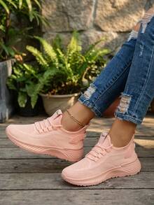 Tenis De Malla Rosas Cómodos Y Transpirables Para Mujer, Tenis Beiges Antideslizantes En Oferta Especial Modernos Y Versátiles Para Mujer, Ideales Para Deporte Callejero, Senderismo Y Traslado Laboral. - Rosa - Ver 2