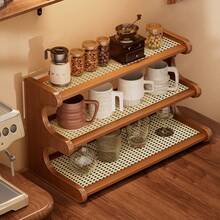 1pc Vintage-Style Multi-Tier Desktop Storage Rack, Large Capacity Cup Holder, Kitchen Spice Rack, Woven Rattan Panel, Quick Draining, Suitable For Kitchen, Dining Sideboard, Coffee Corner, Tea Station And Office Organization - Desktop Display Shelf - Rattan Style - View 4