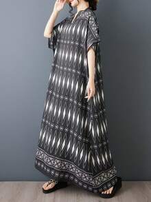 大码女式黑色A字连衣裙，V领短蝙蝠袖长针织面料，带口袋，2026夏季波西米亚风沙滩裙，优雅 - 黑色 - 查看 5