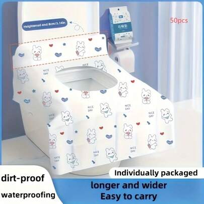 50pcs Disposable Toilet Seat Covers - Extra Long & Wide, Waterproof, Dustproof With Cute Rabbit Pattern, Suitable For Public Restrooms, Travel, Flights, Hotels, Home - Essential For Bathroom Hygiene (40pcs Pack), Cartoon Design, Each Piece Individually Packaged