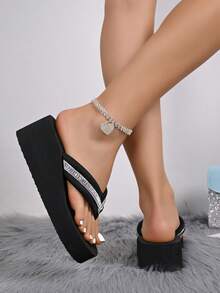 Women's Summer New Anti-Slip Thick-Sole Beach Slippers, Wedge High Heel Thong Sandals, Suitable For Outdoor Beach Weddings - Black - View 7
