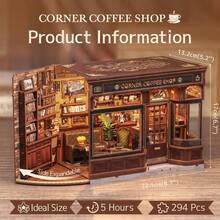 Corner Coffee Shop, Book Nook Kit - DIY Miniature House Coffee Shop Kit For Adults, Booknook Tiny House Bookshelf Decor 3D Wooden Puzzle, Gifts For Family, Friends - 1PC - 查看 2