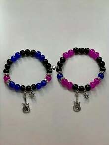 2件套个性化吉他磁吸手链，配天然宝石和星星吊坠，时尚友谊手链，适合日常穿搭、派对、母亲节礼物 - 彩色 - 查看 4