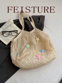 Summer Starfish & Shell Decor Mesh Tote Bag, Casual Beige Beach Shoulder Bag For Shopping & Vacation ,Holiday,Straw Bag - White - View 8