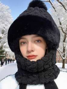 1. 女士帽子围巾一体式毛绒帽，冬季户外防风保暖帽 - 多色 - 查看 1