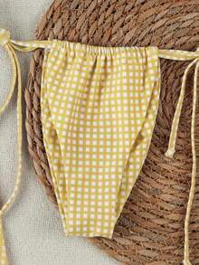 Set Bikini Halter Kotak-kotak Kuning 3 Potong, Penutup Berbentuk Jala, Pakaian Renang Gaya Liburan Seksi - MultiWarna - View 5