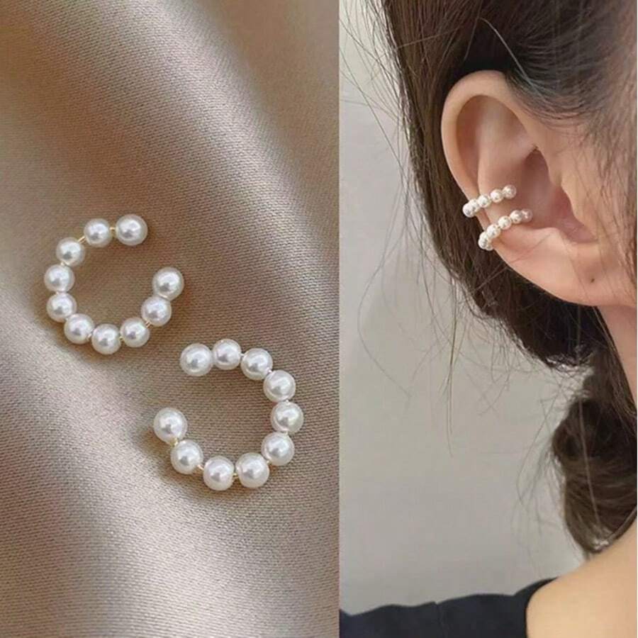 Bông tai ngọc trai hình chữ C, bông tai kẹp vành tai tối giản tinh tế, bông tai kẹp thời trang dành cho nữ. - Vàng - Xem 1