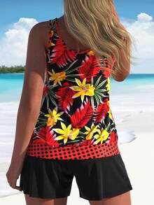 Women's Floral Print Tankini Top With Polka Dot Knot & Black Swim Shorts, High Stretch Two Piece Bikini Set For Beach Wear - 紅色 - 查看 2