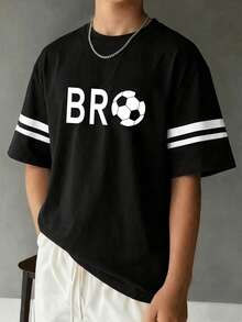 1pc Boys & Teens' Fashionable Casual Black & White Contrast Splice Round Neck T-Shirt, Suitable For Football World Cup Summer - Black - View 1