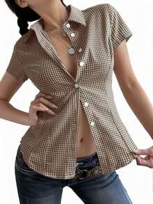 Sunny Girly Y2K Back To School Season Cotton Fitted Collared Short Sleeve Shirt, Button Closure, Blue Plaid Academic Style Top Summer - Cà phê nâu - Xem 8