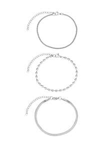 3pcs/Set Stainless Steel Women Bracelet, Layered Snake Bone Chain, Round Bead Chain, Flat Chain Combination, Minimalist Luxury Style, Suitable For Daily, Dating, Holiday Gift - Bracelet - View 3