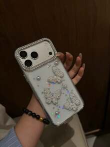 Elegant Resin Pearl Butterfly Protective Phone Case Compatible With Apple 16/17 Pro Max/ 15 Pro, Shockproof Full Coverage Case Compatible With Iphone 14/13 - White - View 4