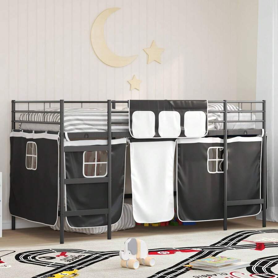 vidaXL Kinder Loft Bettgestell Mit Vorhängen Schwarz 90 X 200 Cm - Schwarz - Übersicht 1