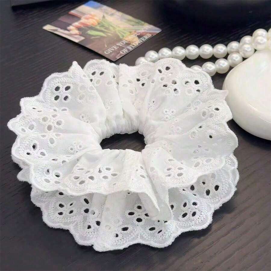 8 Stück/Set Elegante weiße Damen Haargummis im französischen Stil mit zarter, Cut Out Blumenstickerei, geeignet für den täglichen Gebrauch - Weiss - Übersicht 1