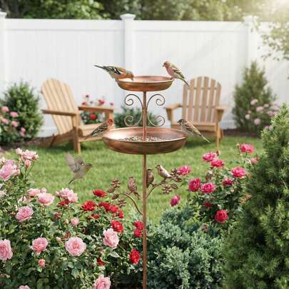 2-In-1 Metal Bird Bath & Bird Feeder With Stake, Antique Copper Finished Outdoor Birdbath For Wild Birds, Decorative Garden Art With Bird Sculptures, Weather Resistant Bird Feeder & Waterer For Yard, Patio, Lawn & Backyard