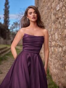 Faeriesty Vestido de noche elegante de mujer con fruncido y abertura alta - Vestido formal de primavera/verano, adecuado para bodas, galas, alfombras rojas, fiestas, invitados de boda, fiesta de vacaciones de verano - Morado - Ver 4