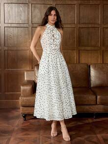 Faeriesty Fashionable Polka Dot Spaghetti Strap Backless Women's Evening Dress - Adorable Dotted Pattern, Fitted A-Line Silhouette, Suitable For Dates, Parties, Formal Dinners, Weddings And Other Special Occasions Vacation Party - Black and White - View 4