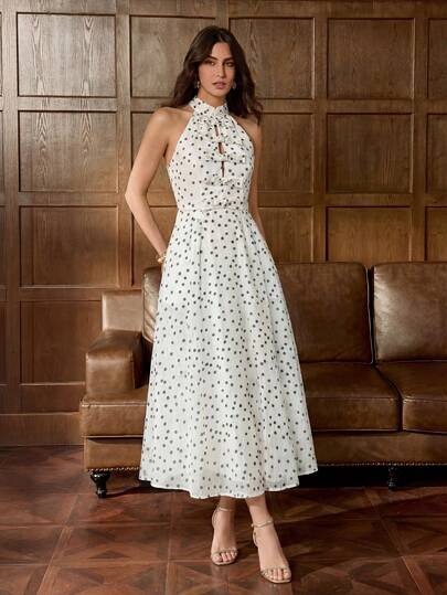 Faeriesty Fashionable Polka Dot Spaghetti Strap Backless Women's Evening Dress - Adorable Dotted Pattern, Fitted A-Line Silhouette, Suitable For Dates, Parties, Formal Dinners, Weddings And Other Special Occasions