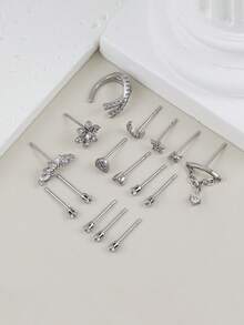 16pcs Cubic Zirconia Inlaid Sparkling Earring Set, Heart, Moon, Lightning Decor Stud Earrings & Clip-On Earrings, Multi-Layer Stackable Pierced Cartilage Earrings, Suitable For Women's Daily Wear And Parties - Silver - View 6