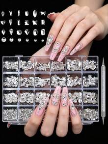 24pcs Rhinestone, Bow, Pentagram, Cat Eye, Heart Shaped Nail Art Decorations Set, Includes Pickup Pen, 3D Nail Decals For Daily Decoration And Travel Use Nails - Clear - View 3