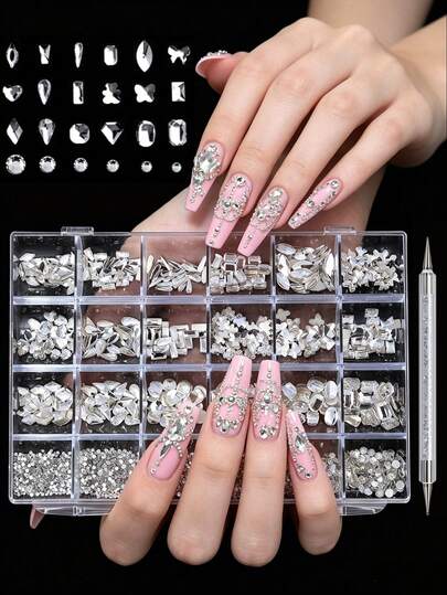 24pcs Diamond, Bow, Pentagram, Cat Eye, Heart Shaped Nail Art Decorations Set, Includes Pickup Pen, 3D Nail Decals For Daily Decoration And Travel Use Nails