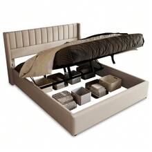 Storage Bed, Upholstered Bed, Hydraulic Double Bed 140x200cm, Wooden Slatted Base, Bed With Metal Slatted Base, Linen, Beige - Beige - View 11