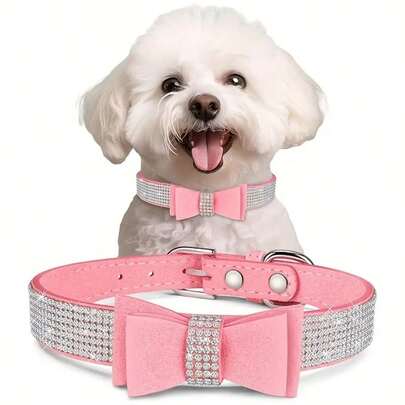 Vòng cổ cho chó đính đá lấp lánh, vòng cổ nơ điều chỉnh được cho chó nhỏ và vừa.