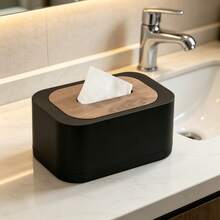 Wooden Grain Lid Luxury Tissue Box, Dust-Proof Tissue Paper Storage Box, Suitable For Bedroom Bedside, Office Desk, Dining Table, Living Room, Decorative Tissue Box (Black/White/Gray) - Multicolor - View 1