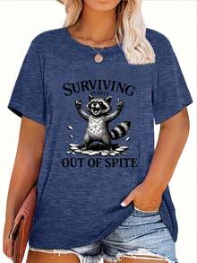 Plus Size - Raccoon Surviving Purely Out Of Spite-Shirt - Graphic Tee, Funny Sarcastic Shirt, Cute Animal Lover, Casual Crew Neck Tee, Breathable Summer Top - Birthday,, Valentine'S Day Women, Men, Friends, Family - 白色 - 查看 9