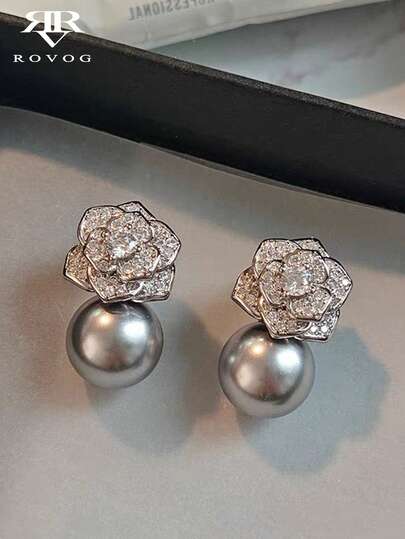 1 Đôi bông tai hình hoa trà kiểu Pháp cổ điển màu xám đính ngọc trai giả, thanh lịch, độc đáo, nhẹ nhàng, thích hợp đeo hàng ngày cho phụ nữ.