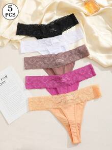 5 piezas/paquete Tanga de encaje sexy, ropa interior de tiro bajo con alta elasticidad y talle en V, primavera/verano - Multicolor - Ver 15