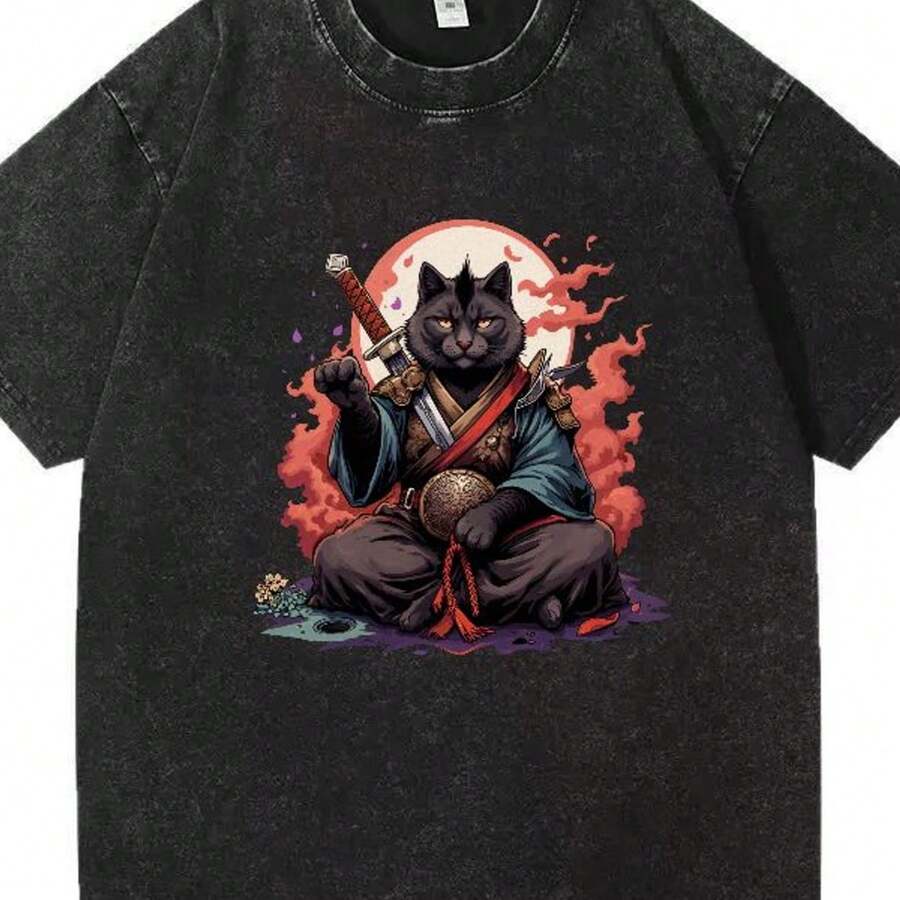 Samurai Black Cat Meditating Under Red Moon T-Shirt, Anime Fantasy Art Print Vintage Washed Cotton L - 黑色 - 查看 1
