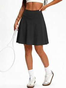 Plus Size Women's Sports Skirt With Built-In Shorts And Pockets, High Waist Golf/Badminton/Tennis Skirt, Casual Fashionable 2 In 1 Yoga Skort With Slit, Spring/Summer - Black - View 6