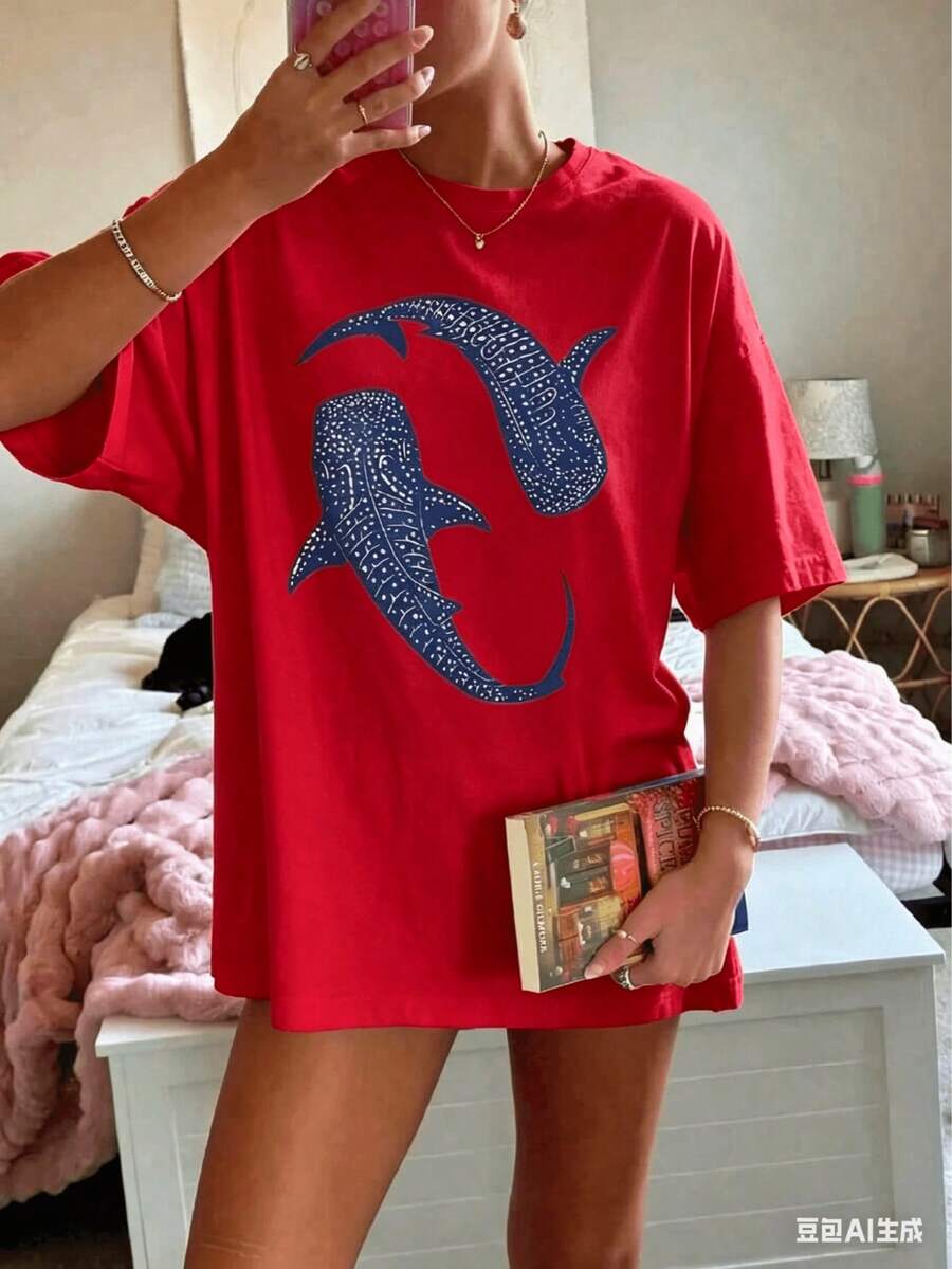 Valentine Outfits For Women2026Blue Whale Shark Simple Printing T-Shirts Women Summer Tops Comfortable O-Neck T Shirt Fashion Casual Women Clothesethiopian Dress Valentines Clothes - 紅色 - 查看 1
