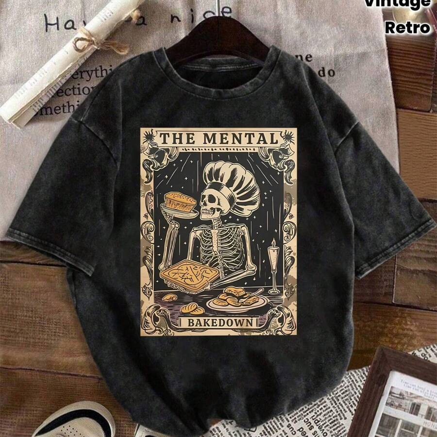 Skull Tarot Card Pattern Printed T-Shirt Vintage Washed T-Shirt Effortlessly Creates A Retro Casual - 黑色 - 查看 1