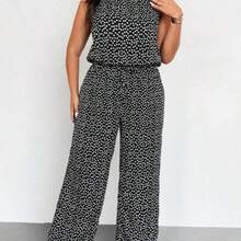 Spring Summer Holiday Round Neck Sleeveless Elasticated Waist Ditsy Floral Jumpsuit - Blanco y Negro - Ver 1