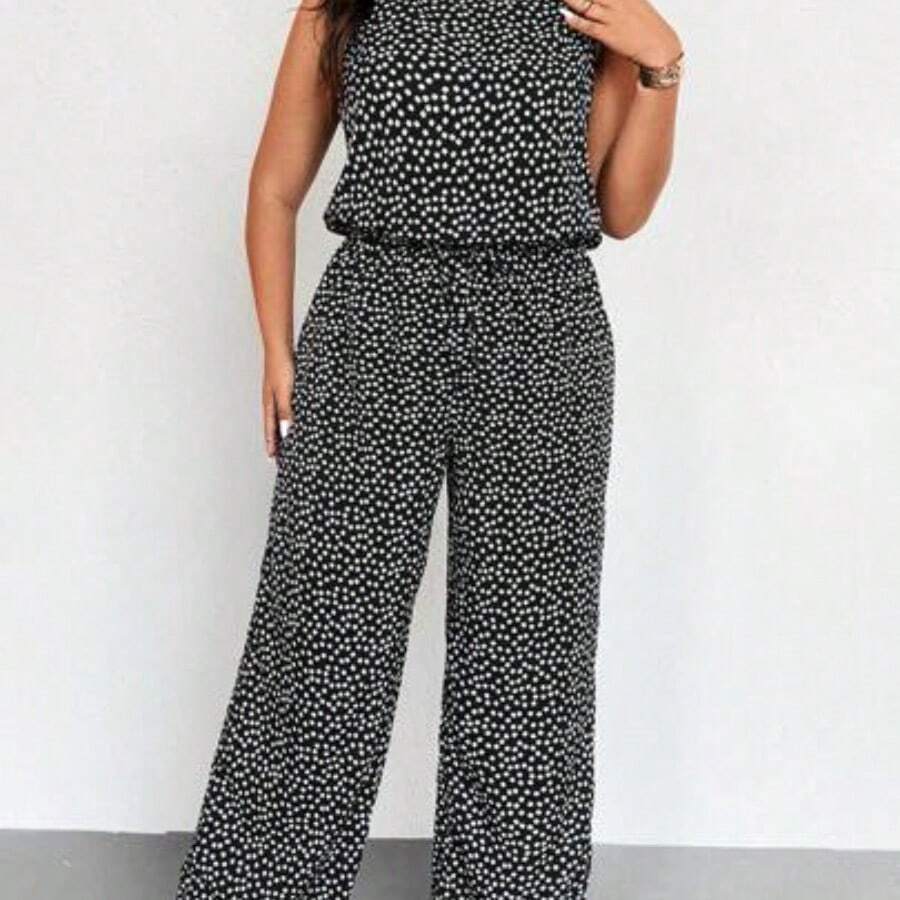 Spring Summer Holiday Round Neck Sleeveless Elasticated Waist Ditsy Floral Jumpsuit - Blanco y Negro - Ver 1