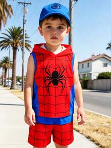 2pcs/Set Young Boys Stylish Gift Cute Comfortable Fashion Casual Outdoor Beach Holiday Blue & Red Cartoon Animal Digital Print Hooded Sleeveless Top And Shorts Set, Suitable For Summer - Multicolor - View 6