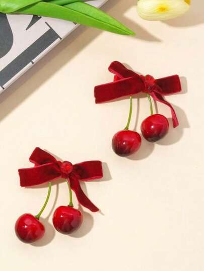 2pcsSimulation Cherry Hair Clip Girlish Hair Ornament Bangs Broken Hair Side Clip Cute Headdress One-Word Clip Bow Hair Clip 1pair Teen Cute Red Cherry Shaped Bowknot Hair Clips