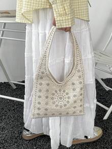 铆钉时尚别致手提包，女士简约单肩包，新款优雅休闲手提包，草编包 - 白色 - 查看 4